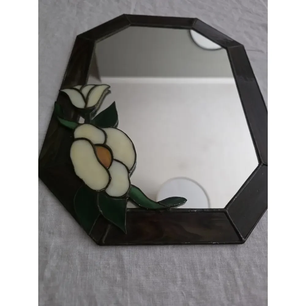 Vintage Floral Stained Glass Frame Mirror Flowers Cottage Flower 14 X 10